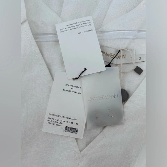 Zimmermann Lovestruck Gold Buttoned Linen Mini Dress Sz 3 US 10 White nwt - Picture 10 of 15